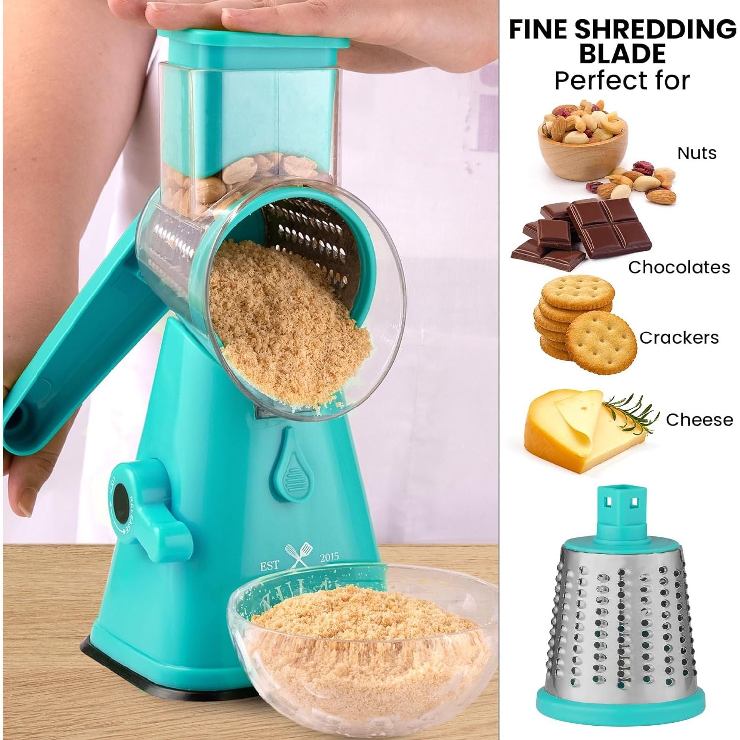 Rotary Cheese Grater with Drum Blades Stainless Steel Manual