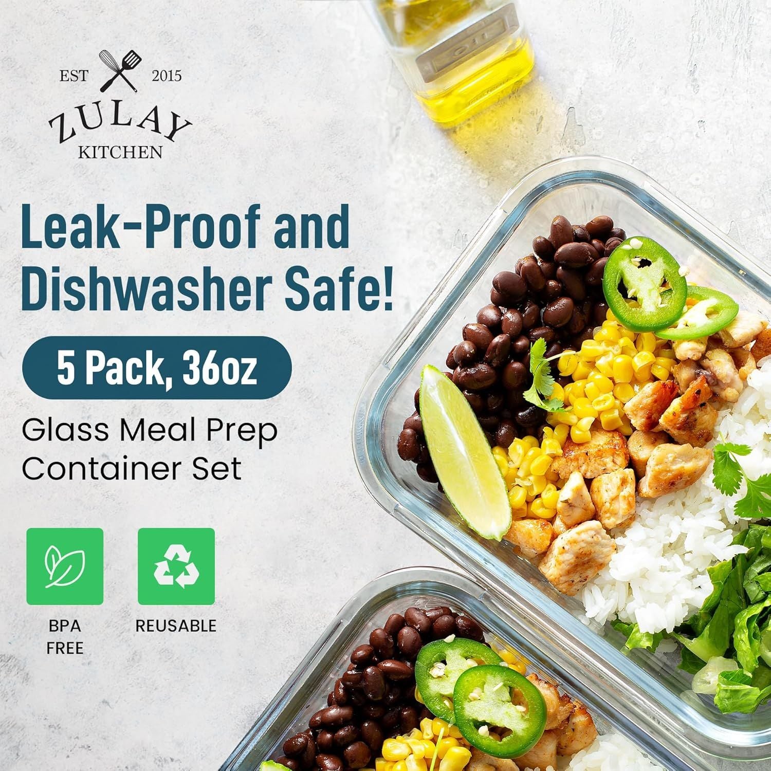 Leak Proof & BPA Free Snap Lock Glass Food Containers by Zulay Kitchen