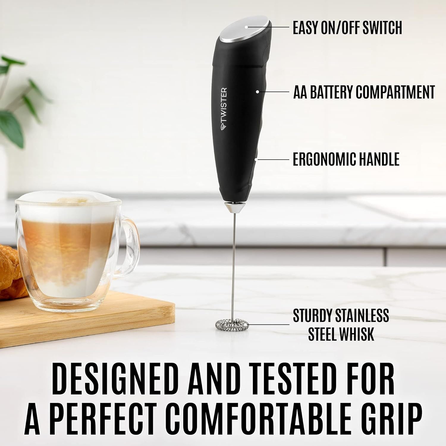 Peach Street Powerful Handheld Milk Frother, Mini Milk Foamer, Battery Operated (Not Included) Stainless Steel Drink Mixer with Frother Stand