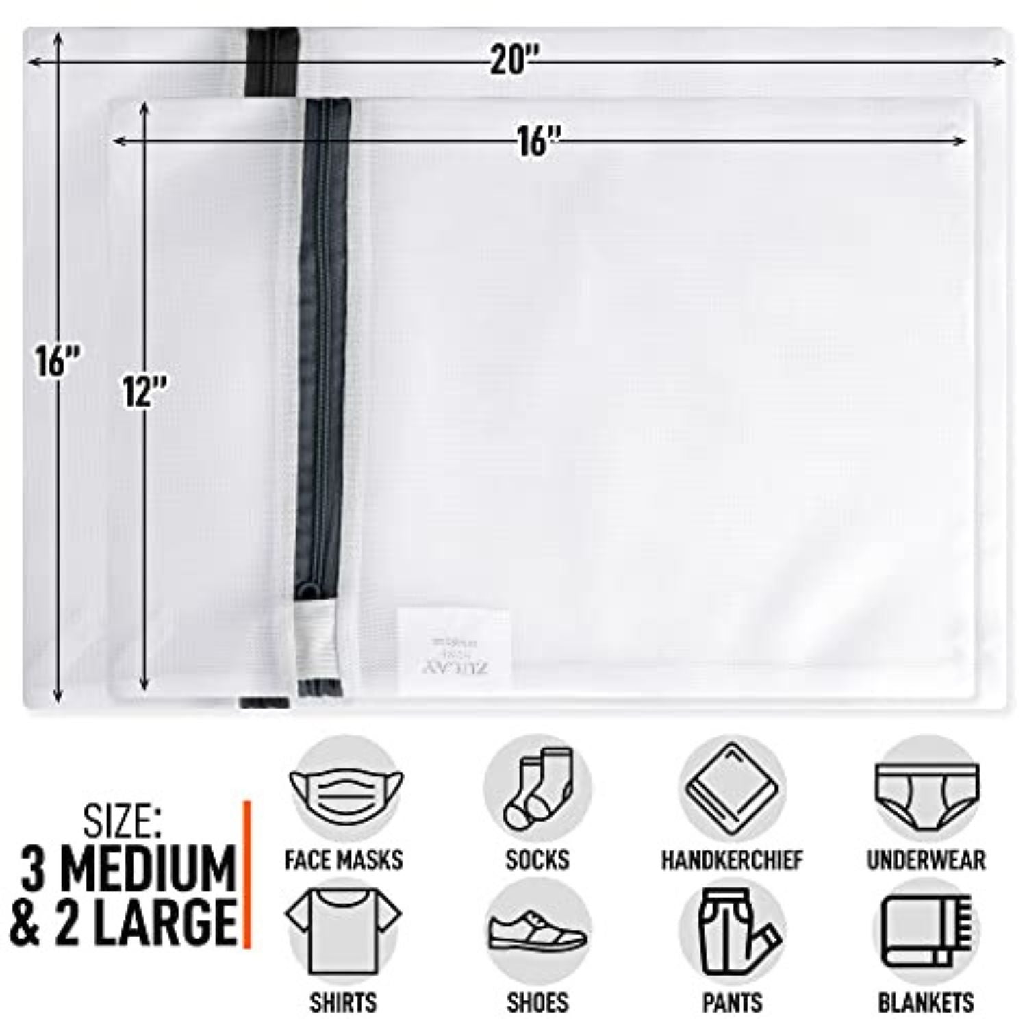 InsideSmarts Premium Mesh Laundry Bags Set of 4: Large (1 Black - 1 White),  and Medium (2 White) - Elastic Gard & Rust-Proof Zipper Bags - Durable