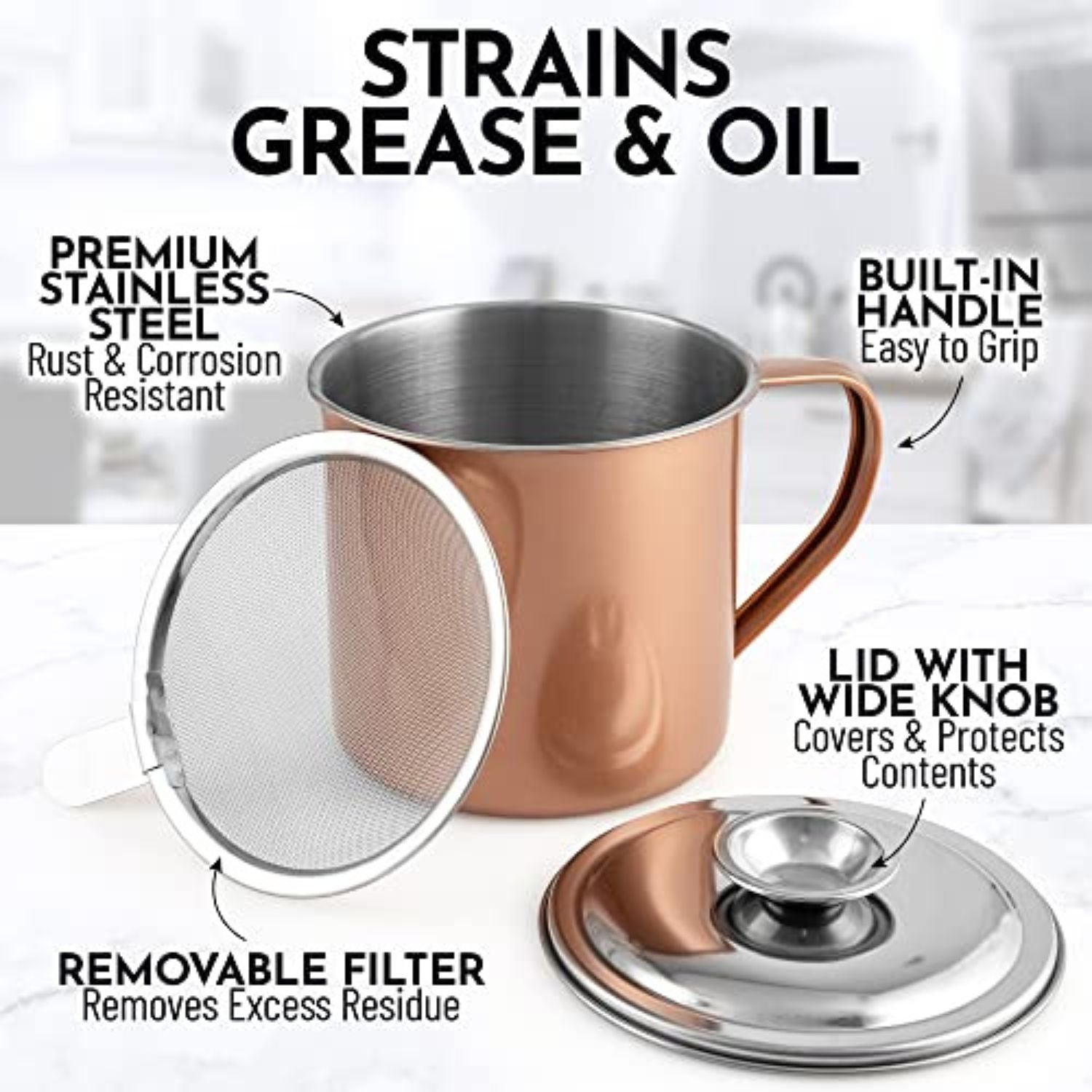 Stainless Steel Bacon Grease Container with Strainer