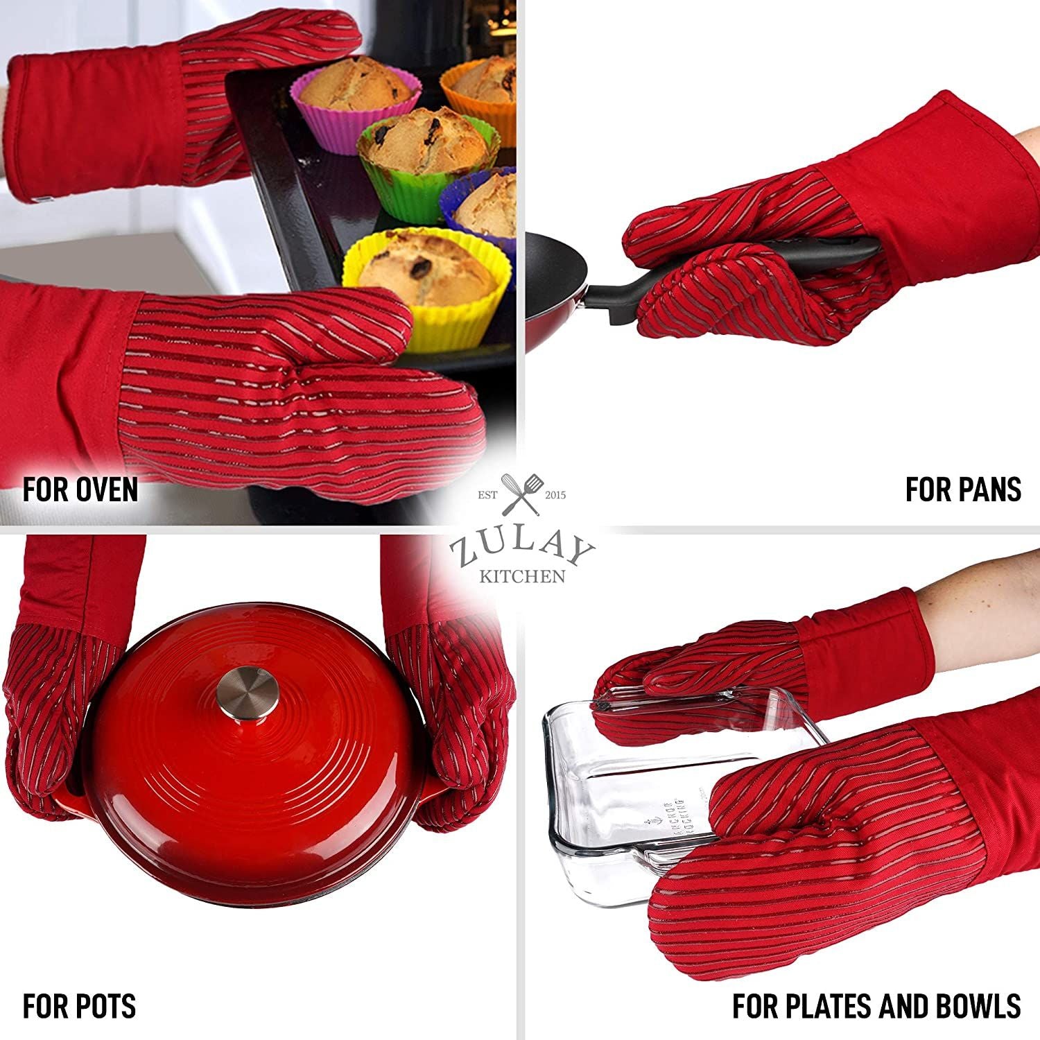 Zulay Kitchen Extra Long Silicone Oven Mitts - Red