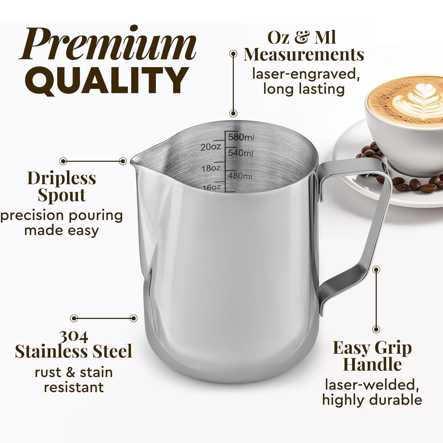 Milk Frothing Pitcher, 20oz/600ml Milk Frother Cup Stainless Steel Jug  Steaming Pitcher, Milk Coffee Cappuccino Latte Art Barista Steam Pitchers  Milk