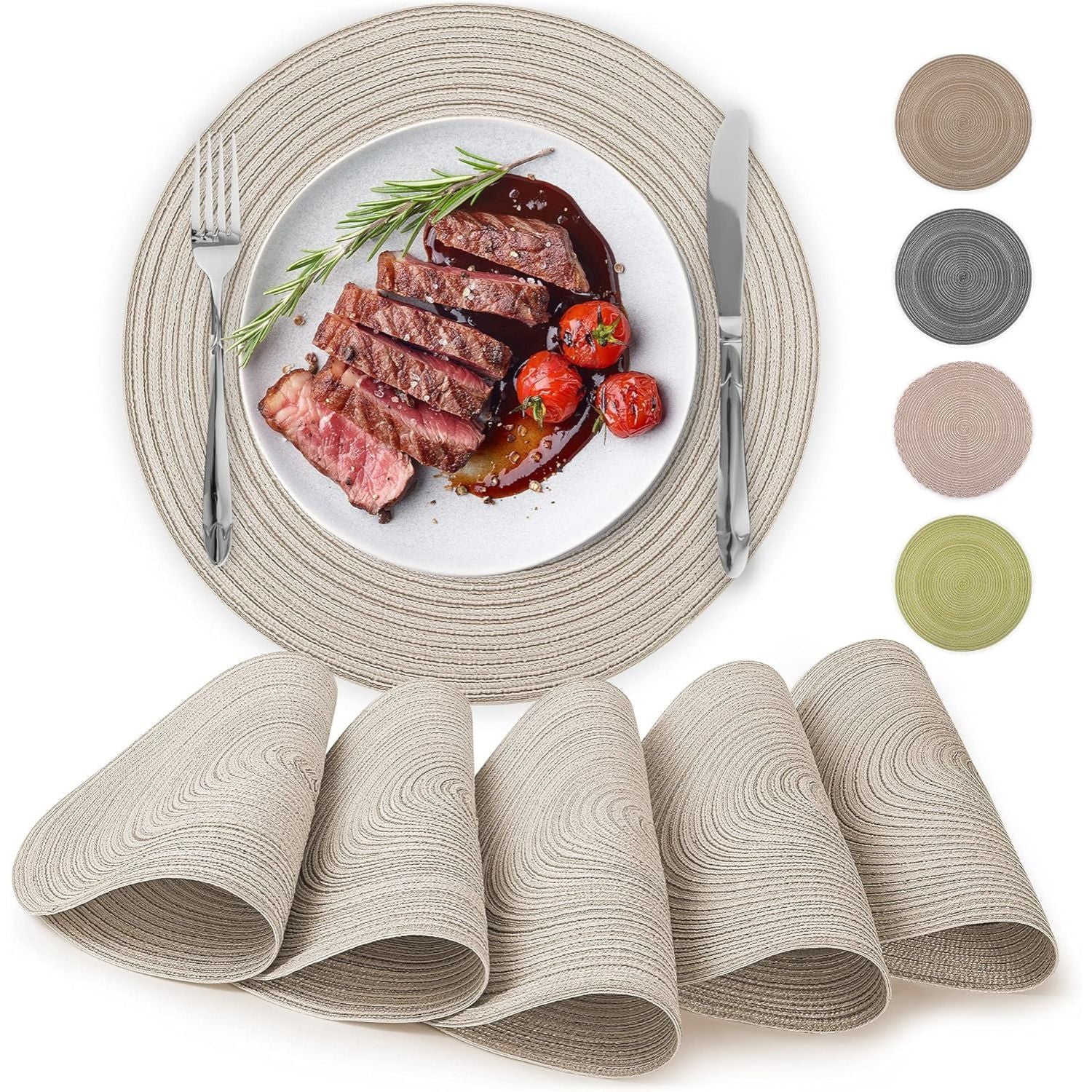 Round Braided Placemats - Set of 6 Beige by Zulay Kitchen