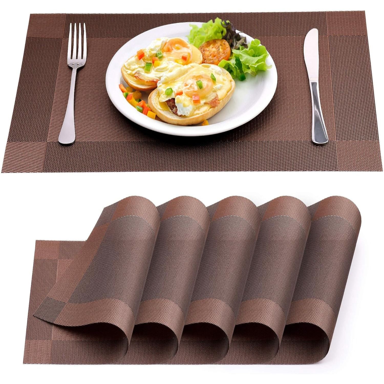 Vinyl Woven Placemats - Set of 6 Brown by Zulay Kitchen