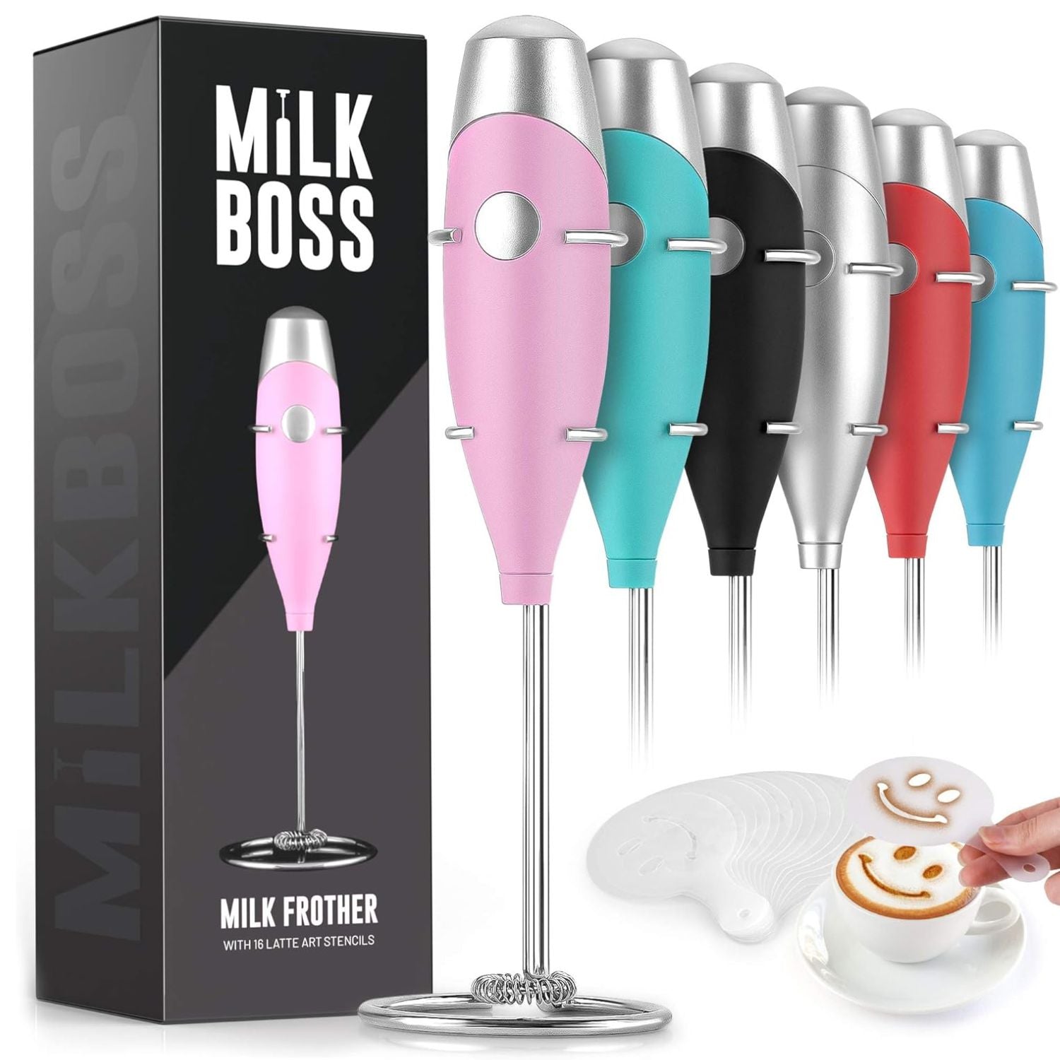 Milk Boss Milk Frother With 16-Piece Stencils - Rose Pink by Zulay Kitchen