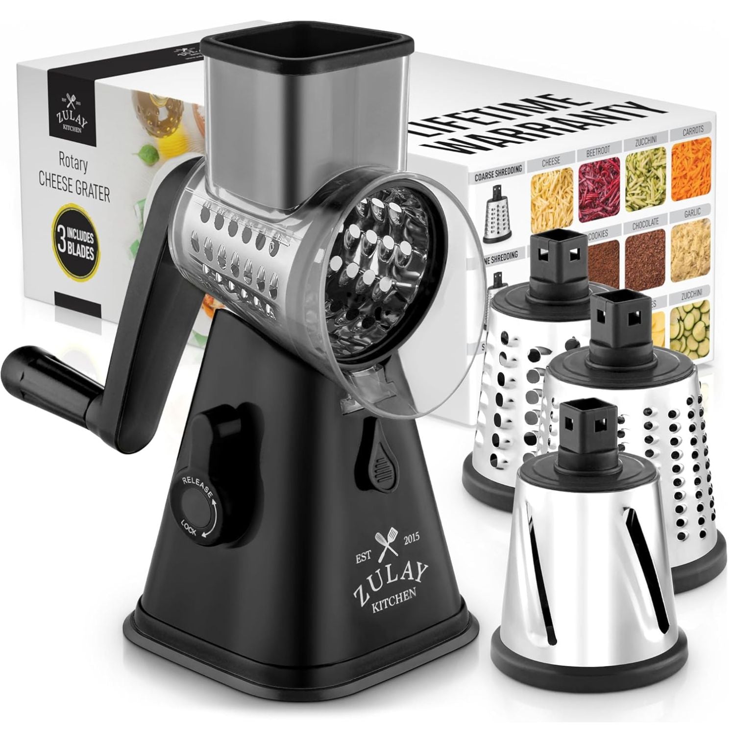 Rotary Cheese Grater with 3 Replaceable Stainless Steel Drum Blades - Black by Zulay Kitchen