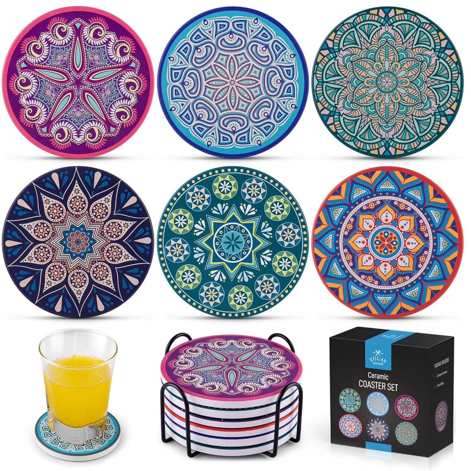 Mandala Coasters with Holder & Cork Base - Set Of 6 by Zulay Kitchen