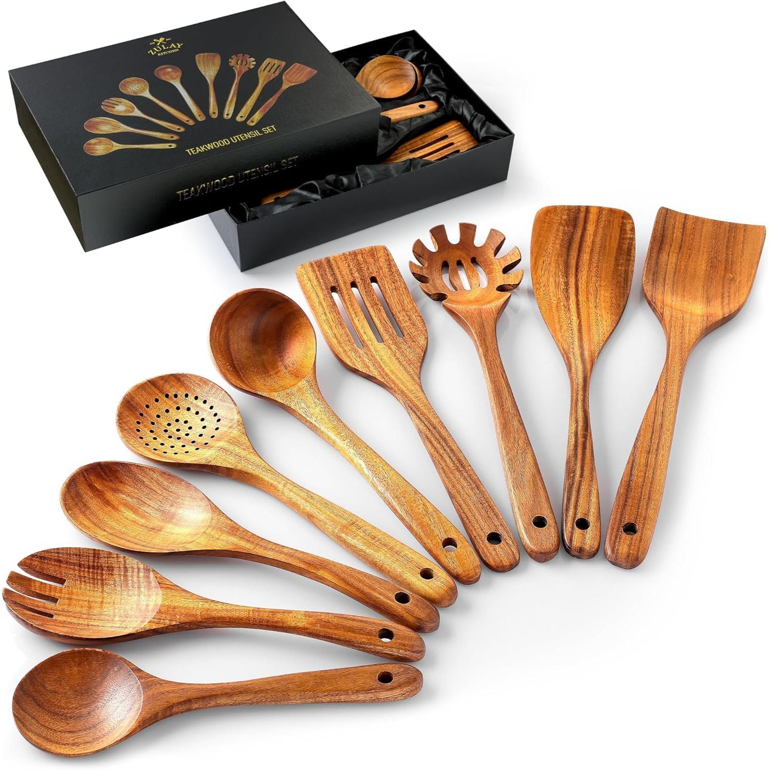 Teak Wood Utensils Set - 9 Piece Set- Premium Gift Box by Zulay Kitchen