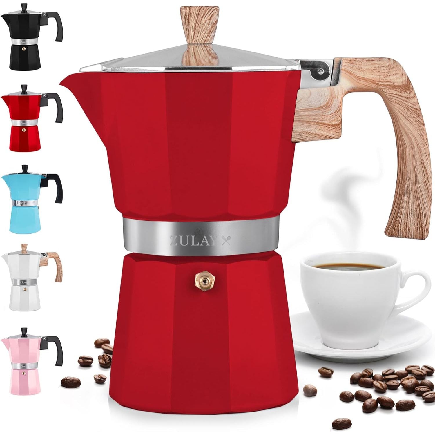 Stovetop Espresso Cup Moka Pot - 3 Cup Red with Wooden Handle by Zulay Kitchen