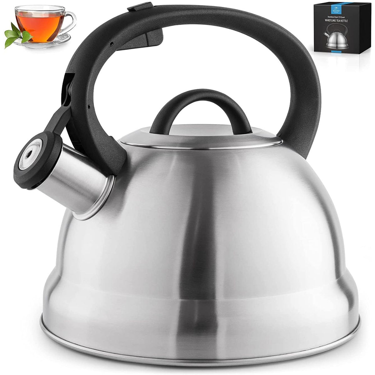 Zulay Kitchen 1.75 Quart Whistling Tea Kettle Stovetop, Silver