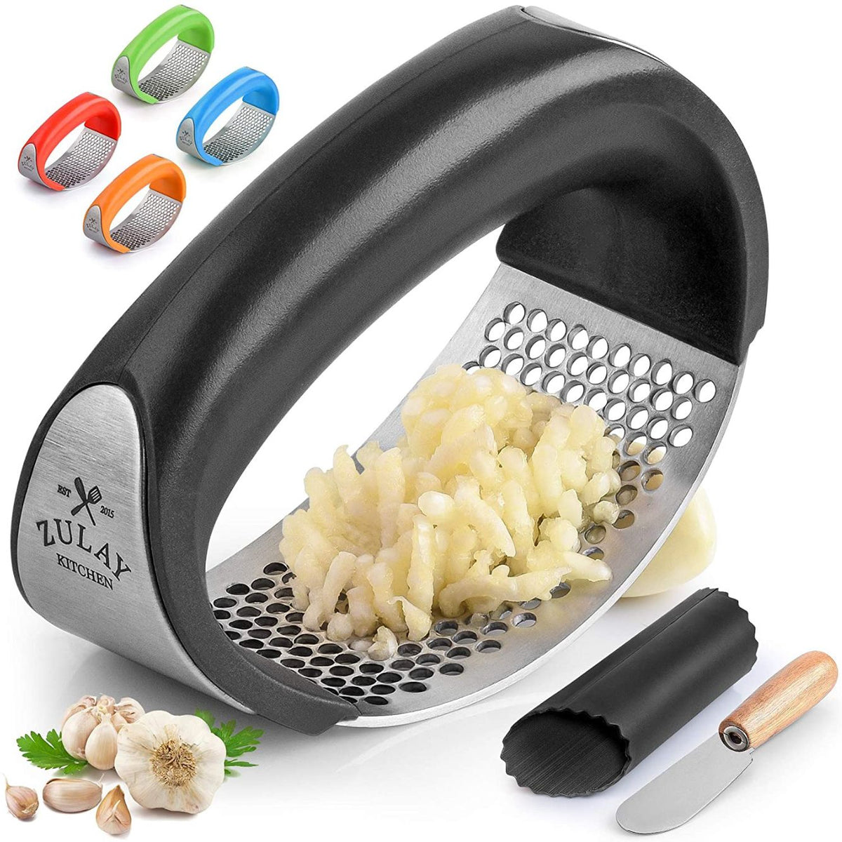 Zulay Kitchen Garlic Press With Soft, Easy To Squeeze Ergonomic Handle -  Garlic Mincer Tool With Sturdy Design Extracts More Garlic Paste - Easy To