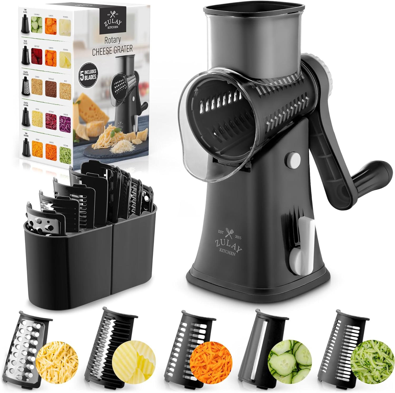 Zulay Kitchen Rotary Cheese Grater With 3 Replaceable Drum Blades