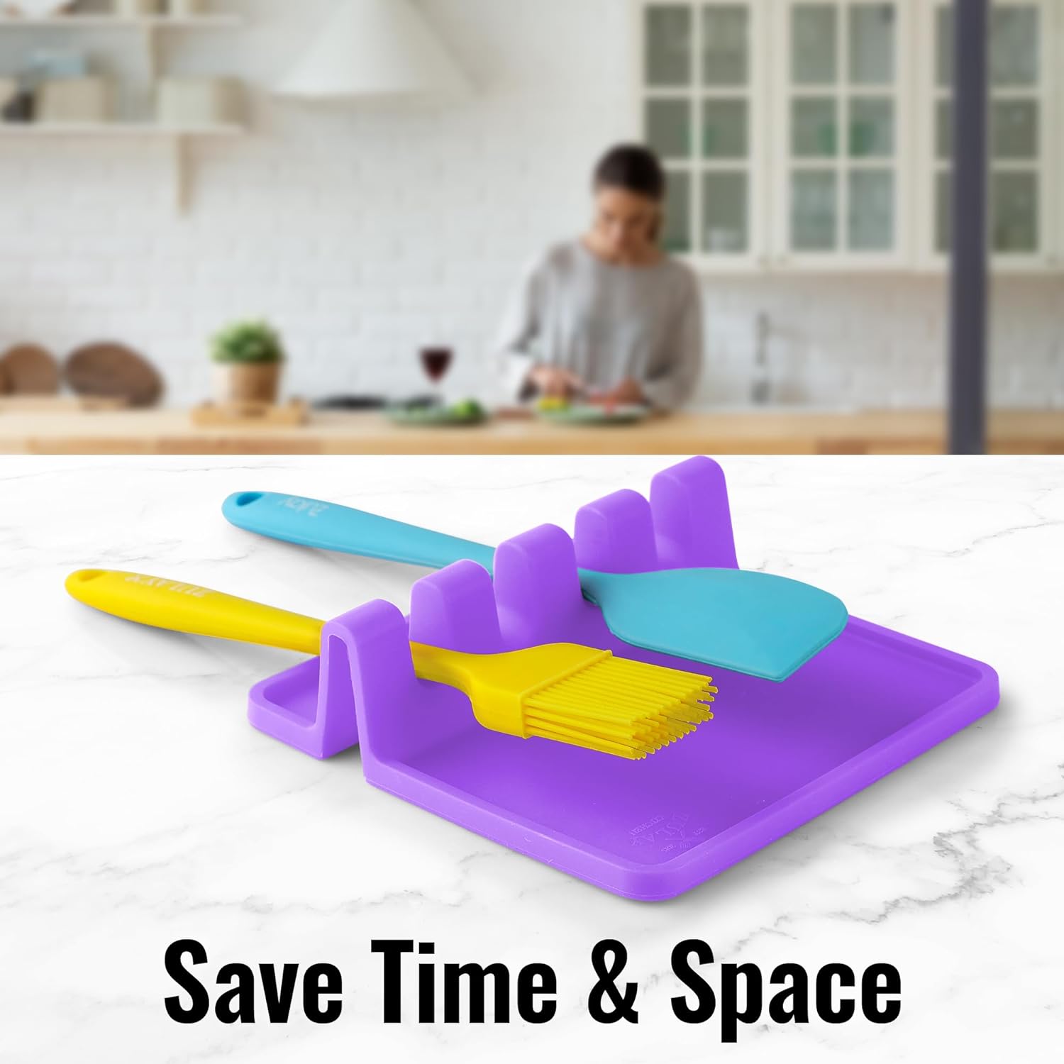 Zulay Kitchen Silicone Utensil Rest with Drip Pad - Chive Blossom
