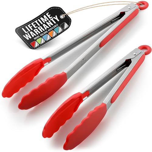 Unique Bargains Kitchen Cooking Set Stainless Steel with Stands Silicone Tongs Burgundy 9&12 2 Pcs