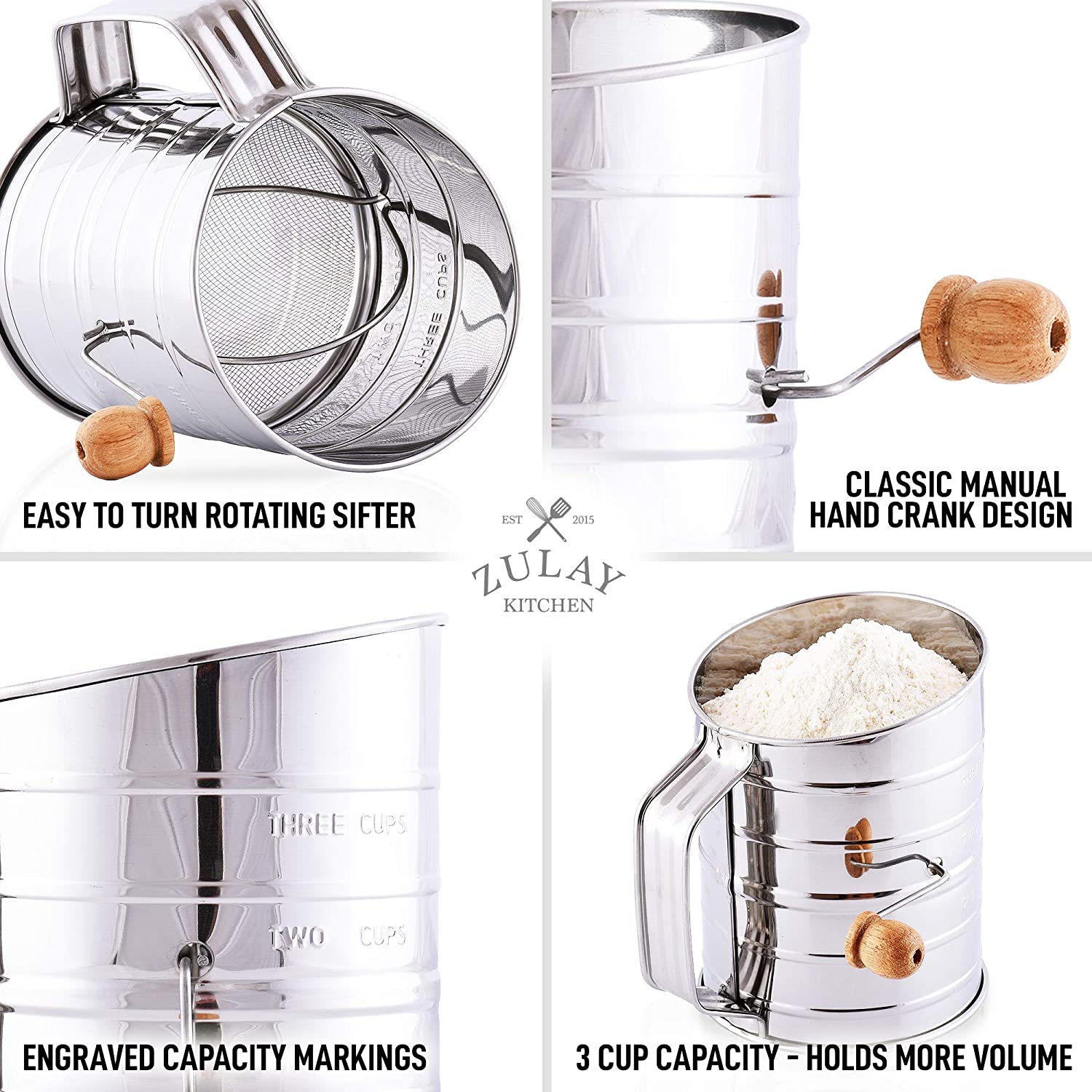 Flour Sifter - Stainless Steel, 3-Cup - The Gourmet Warehouse