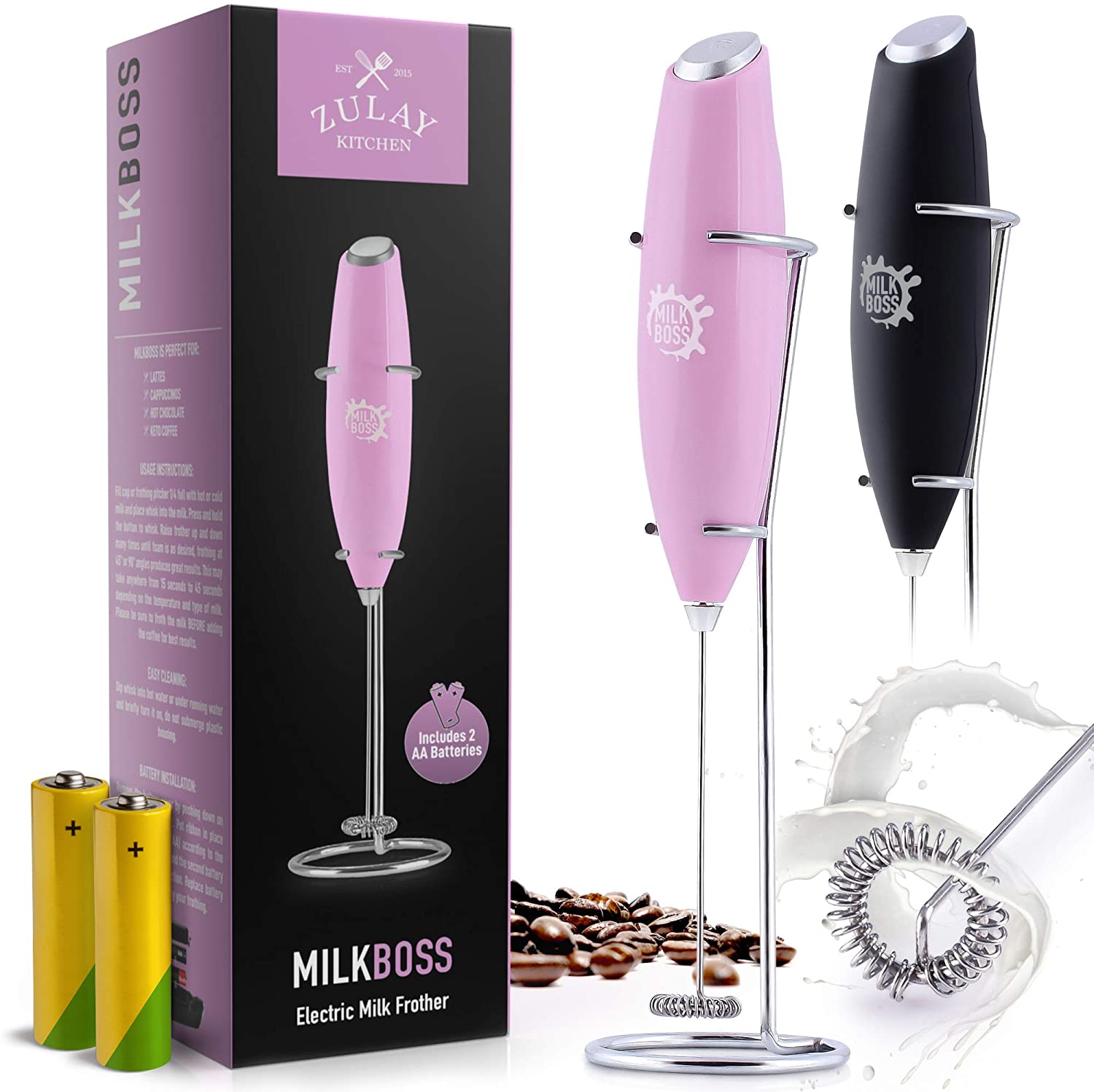 Zulay Kitchen Handheld High Powered Double Whisk Milk Frother - Pink